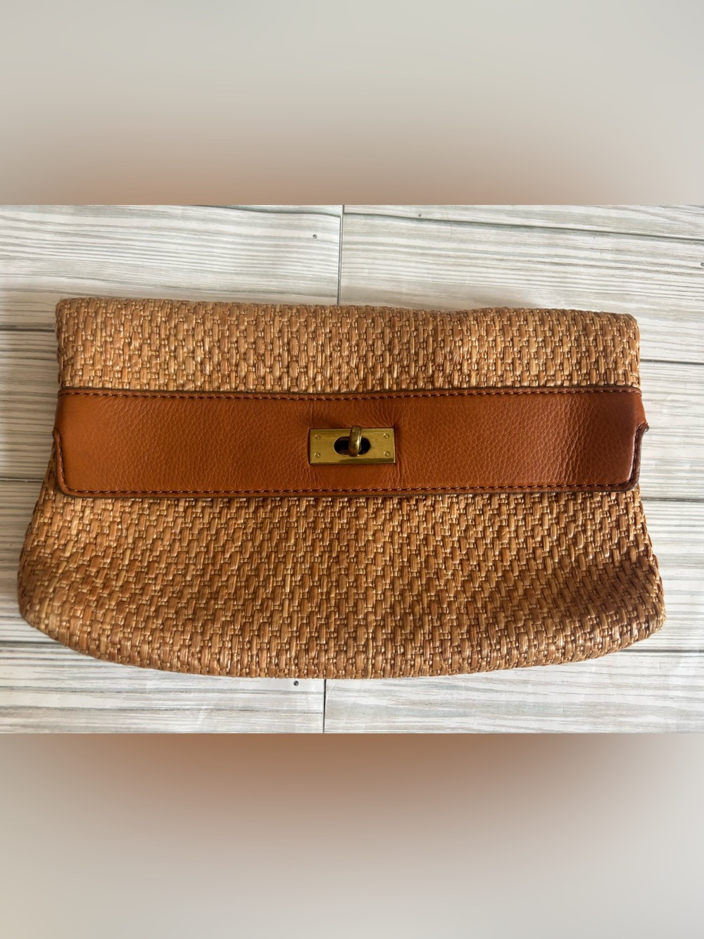 J. Crew Woven Straw Clutch with Tan Leather Trim and Turnlock Closure